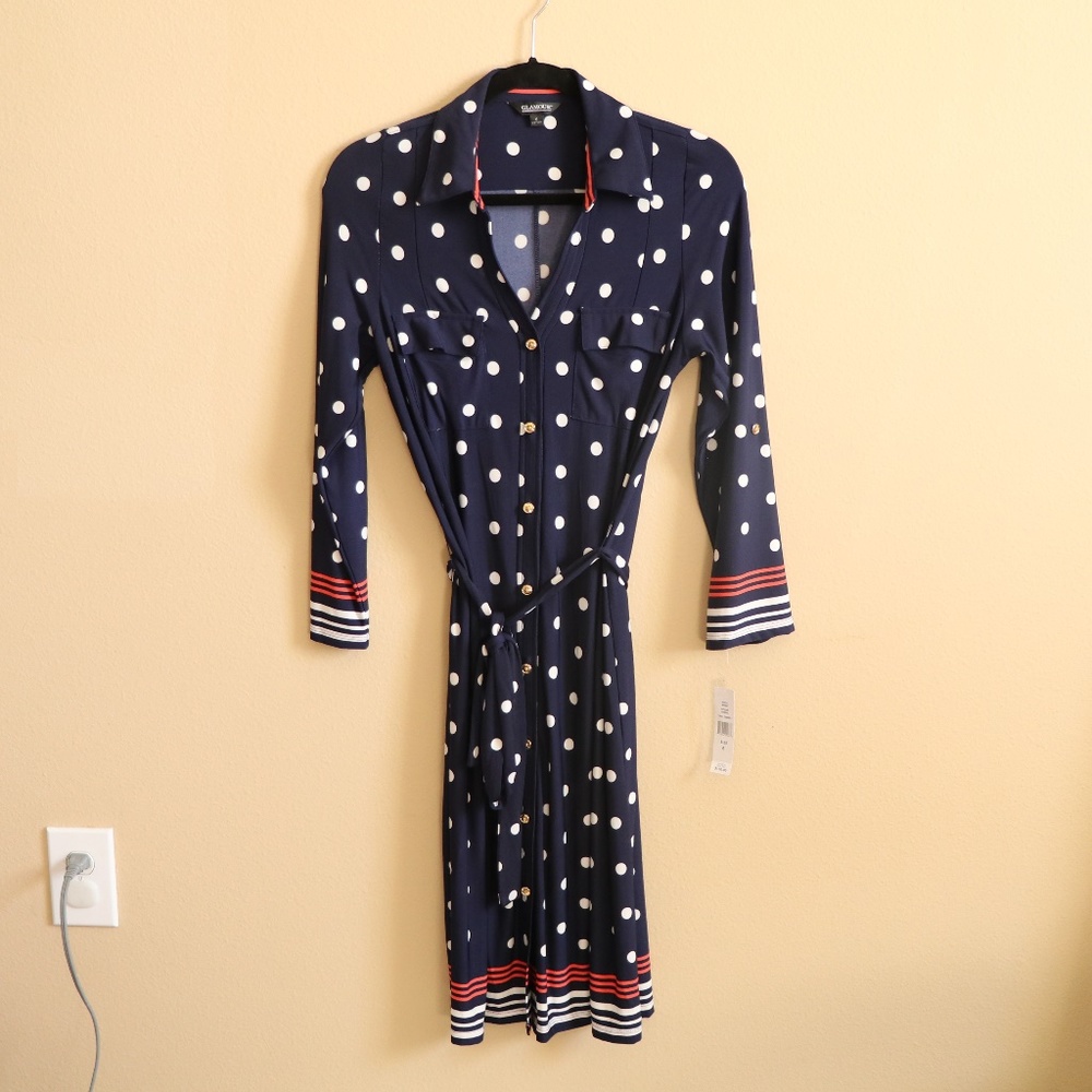 Collared Navy Blue Polka Dot Dress